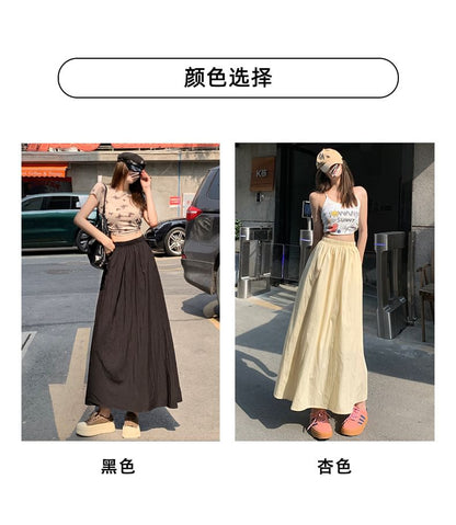 Elastic Waist Solid Maxi Flared Skirt