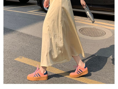 Elastic Waist Solid Maxi Flared Skirt