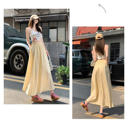 Elastic Waist Solid Maxi Flared Skirt