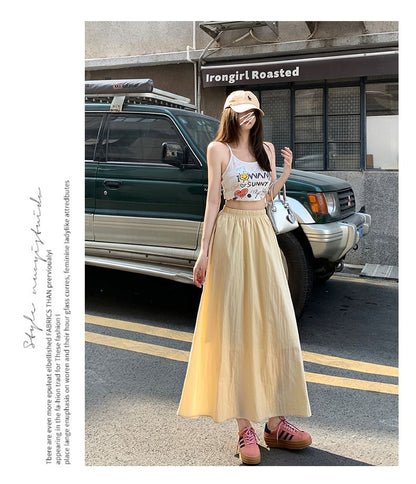 Elastic Waist Solid Maxi Flared Skirt