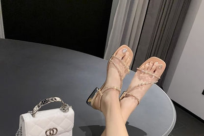 Rhinestone Strappy Chunky Heel Sandals
