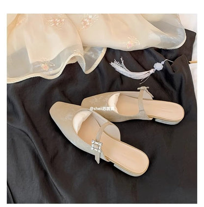 Square Toe Rhinestone Chunky Heel Mules