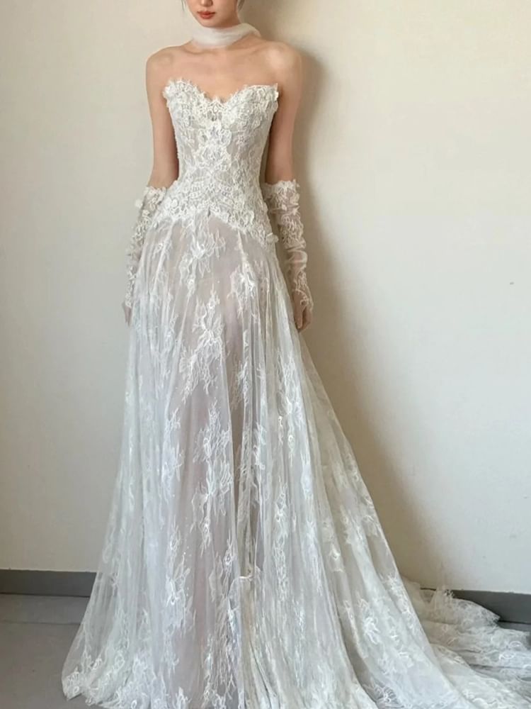 Plain Lace A-Line Tube Wedding Gown