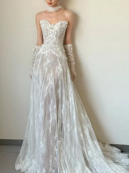Plain Lace A-Line Tube Wedding Gown
