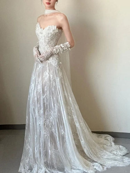 Plain Lace A-Line Tube Wedding Gown