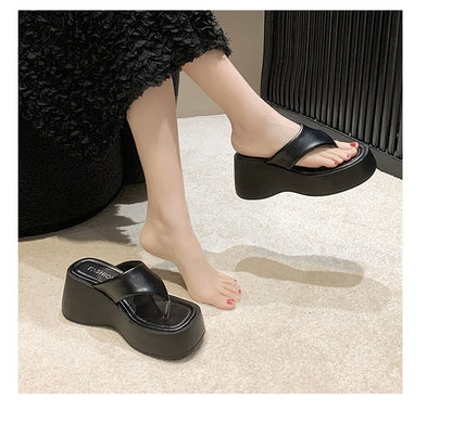 Platform Wedge Plain Faux Leather Flip-Flops