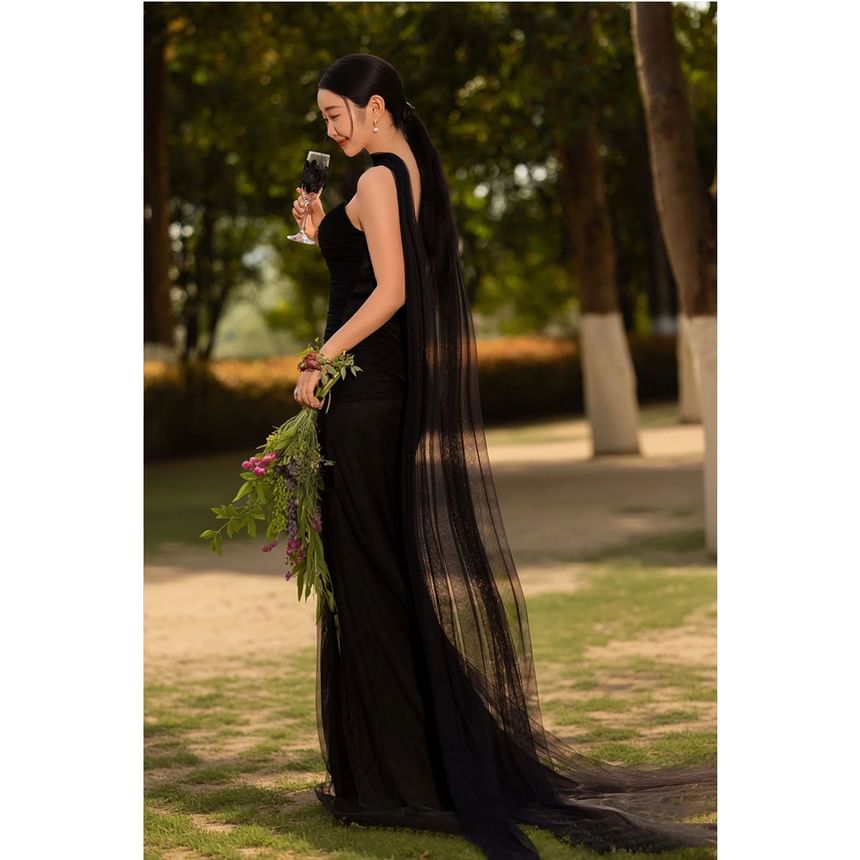 Plain Mesh Sheath Tube Evening Gown