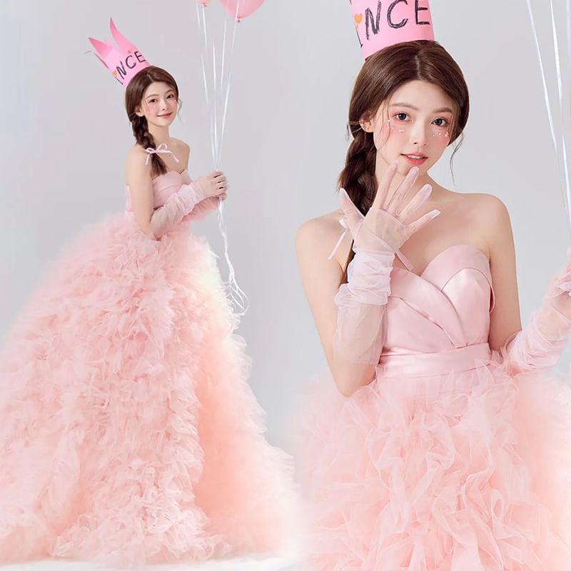 Plain Ruched Panel Mesh A-Line Tube Evening Gown