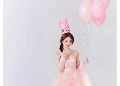 Plain Ruched Panel Mesh A-Line Tube Evening Gown