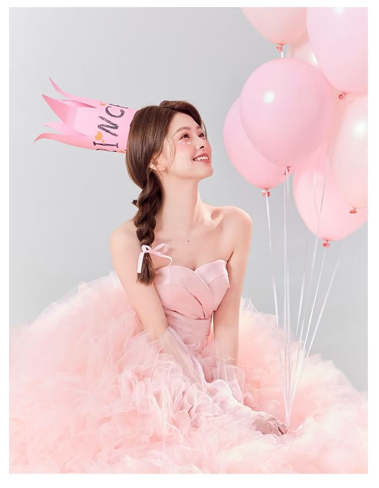 Plain Ruched Panel Mesh A-Line Tube Evening Gown