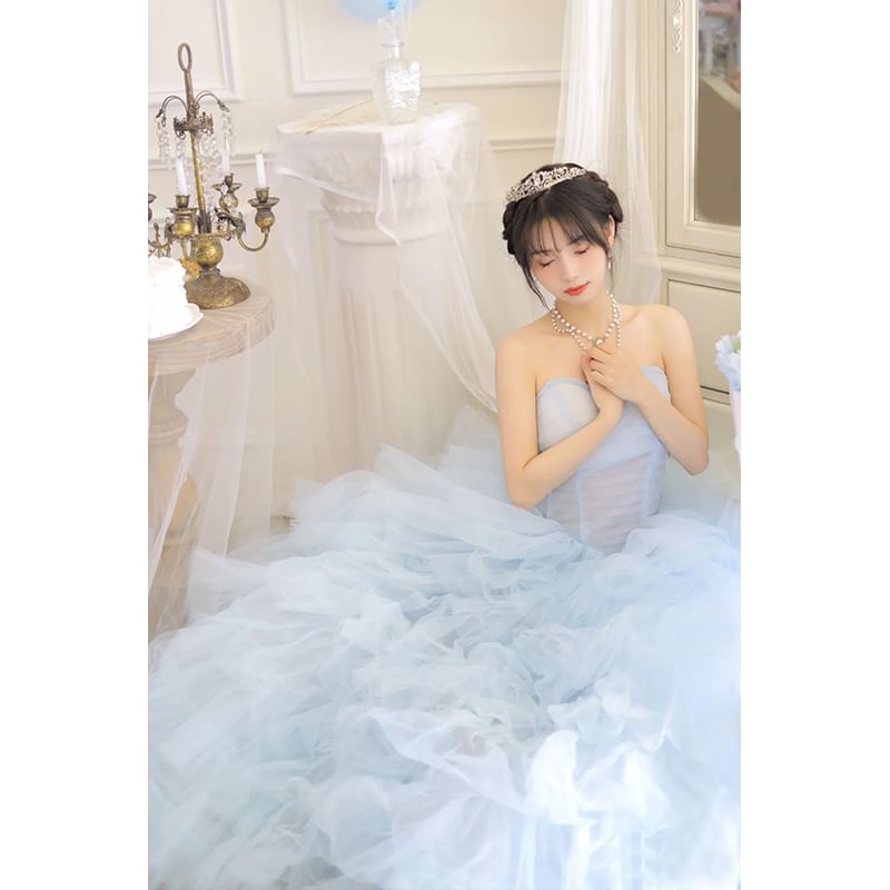 Tube A-Line Tiered Mesh Gown Evening Plain