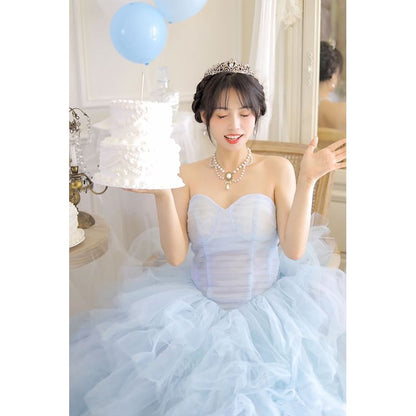 Plain Tiered Mesh A-Line Tube Evening Gown