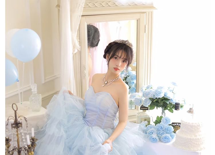 Plain Tiered Mesh A-Line Tube Evening Gown