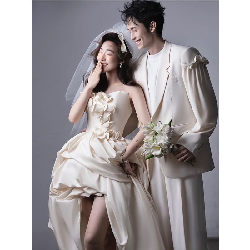 Plain Floral Applique High-Low Ruched A-Line Tube Wedding Gown