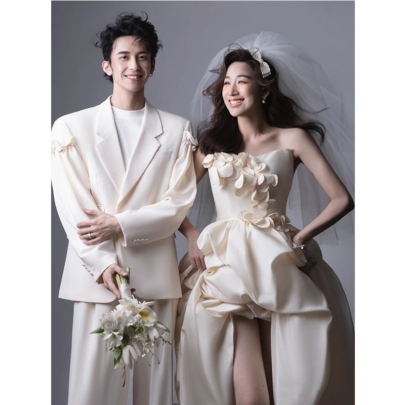 Plain Floral Applique High-Low Ruched A-Line Tube Wedding Gown