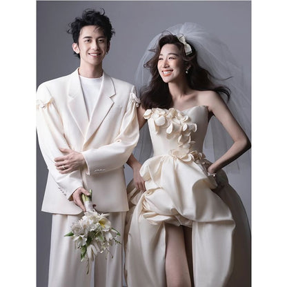 Plain Floral Applique High-Low Ruched A-Line Tube Wedding Gown