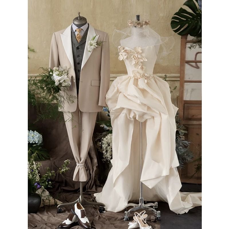 Plain Floral Applique High-Low Ruched A-Line Tube Wedding Gown