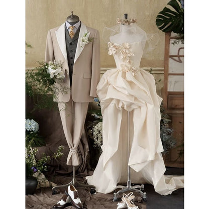 Plain Floral Applique High-Low Ruched A-Line Tube Wedding Gown