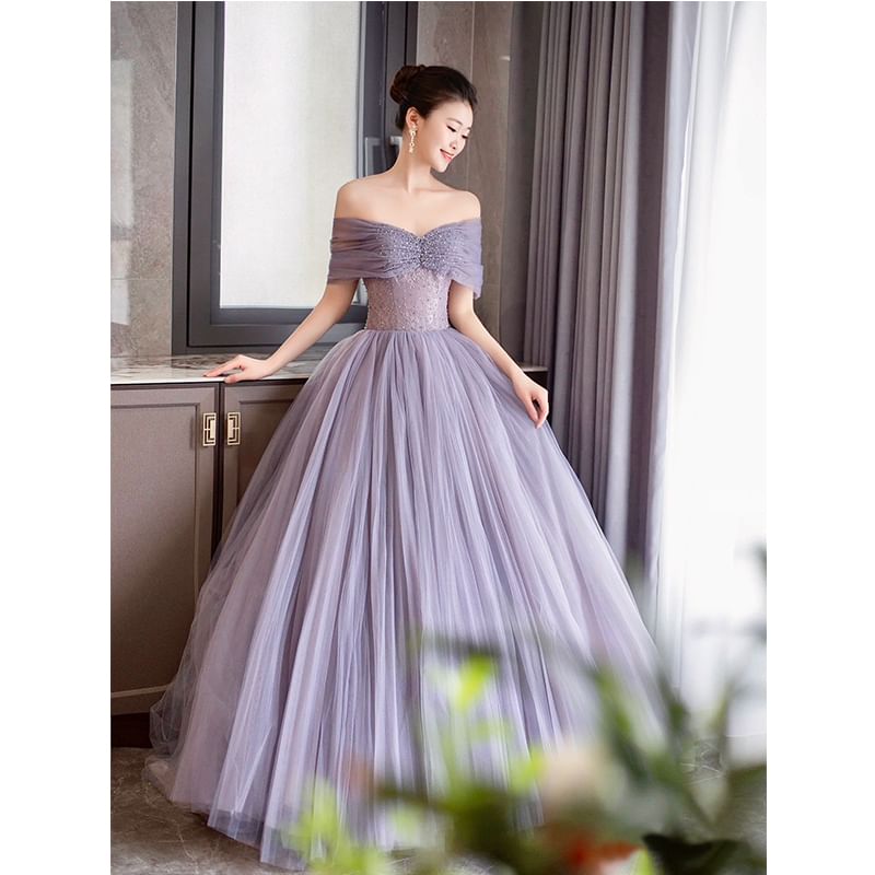 Gown Lace Plain Short Sleeve Evening Mesh A-Line Shoulder Off Panel Ruched