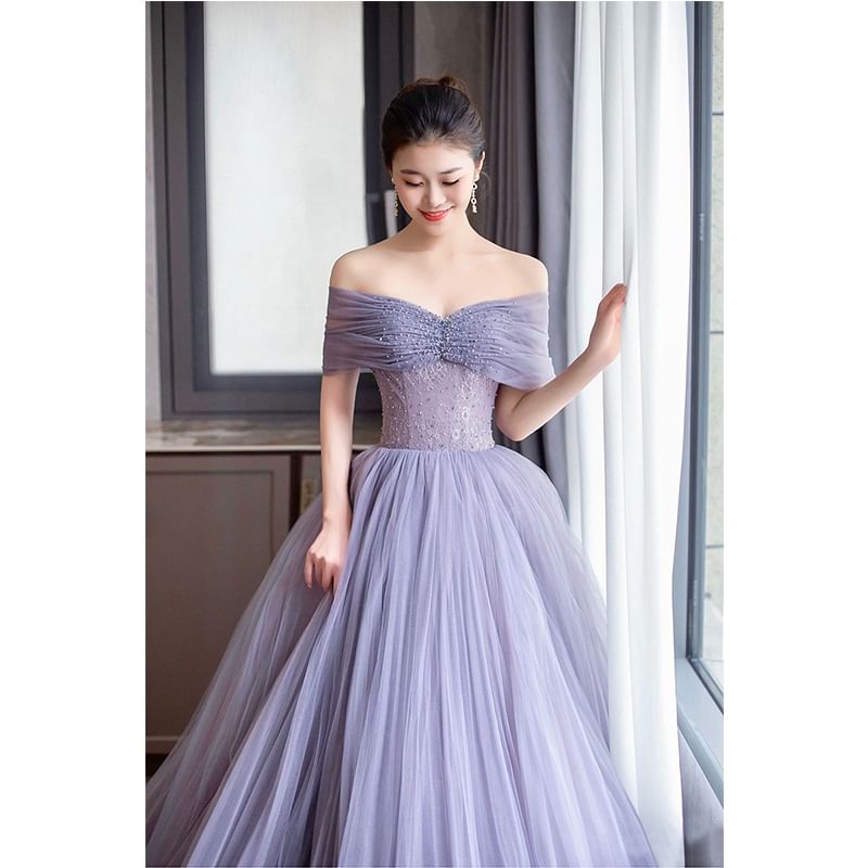 Gown Lace Plain Short Sleeve Evening Mesh A-Line Shoulder Off Panel Ruched