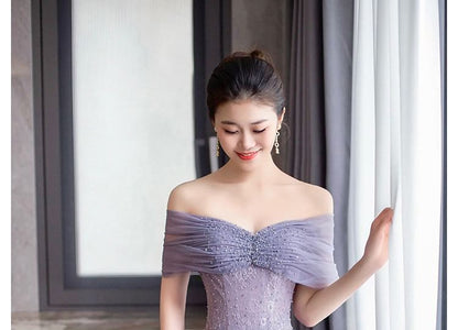 Gown Lace Plain Short Sleeve Evening Mesh A-Line Shoulder Off Panel Ruched