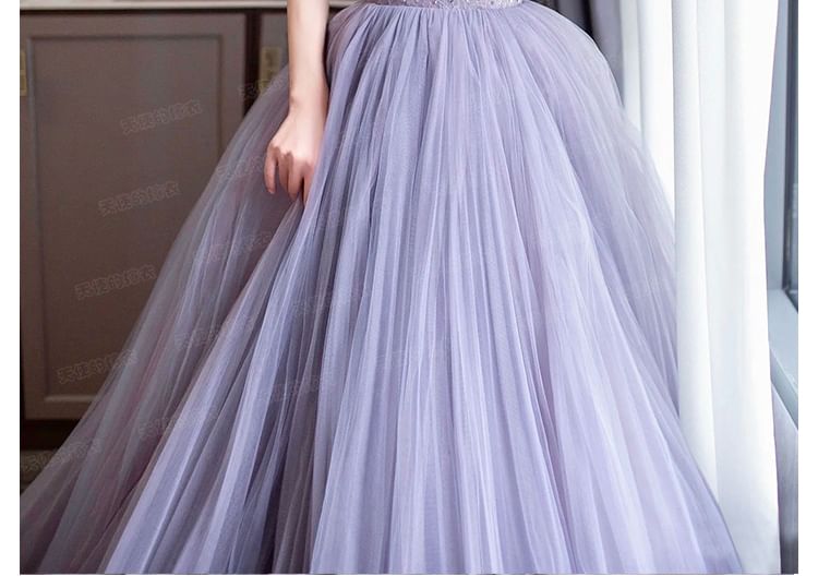 Gown Lace Plain Short Sleeve Evening Mesh A-Line Shoulder Off Panel Ruched