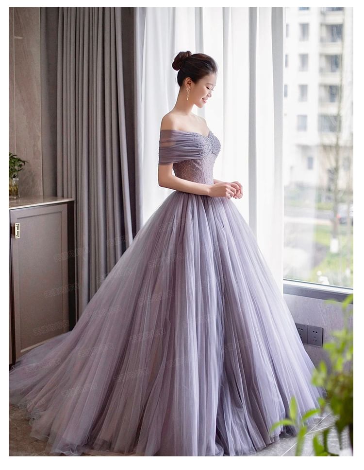 Gown Lace Plain Short Sleeve Evening Mesh A-Line Shoulder Off Panel Ruched