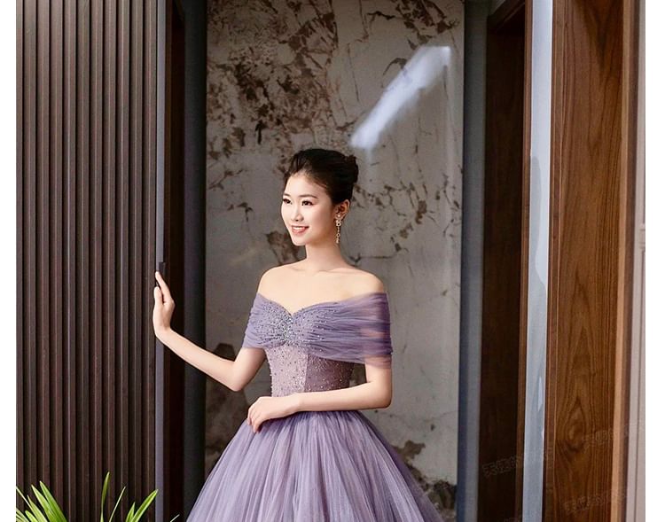 Gown Lace Plain Short Sleeve Evening Mesh A-Line Shoulder Off Panel Ruched