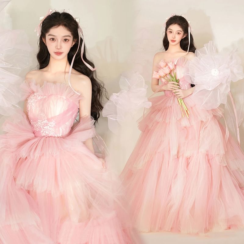 Plain Tiered Lace Panel Mesh A-Line Tube Evening Gown