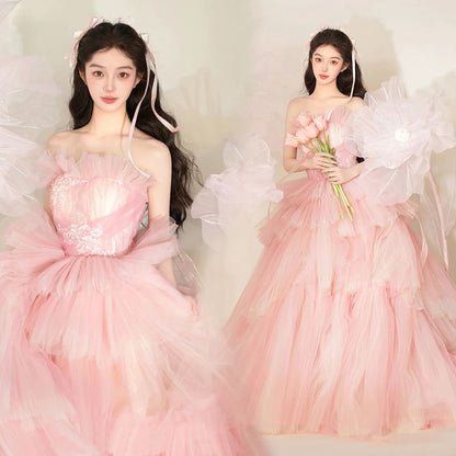 Plain Tiered Lace Panel Mesh A-Line Tube Evening Gown