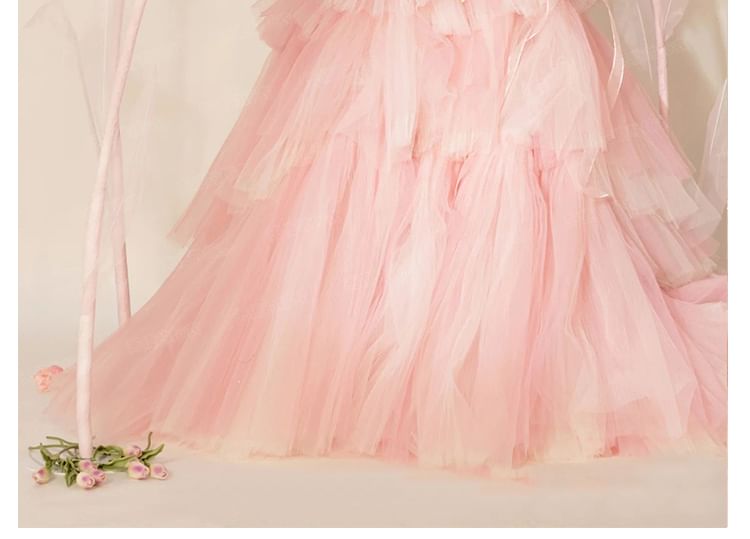 Plain Tiered Lace Panel Mesh A-Line Tube Evening Gown