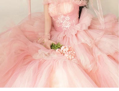 Plain Tiered Lace Panel Mesh A-Line Tube Evening Gown