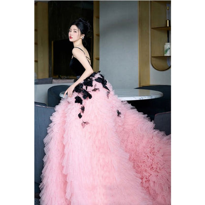 Panel Floral Strap Tone Mesh A-Line Two Gown Applique Spaghetti Evening Tiered