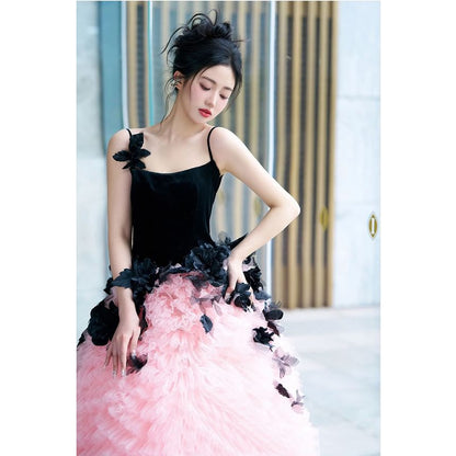 Spaghetti Strap Two Tone Floral Applique Tiered Panel Mesh A-Line Evening Gown