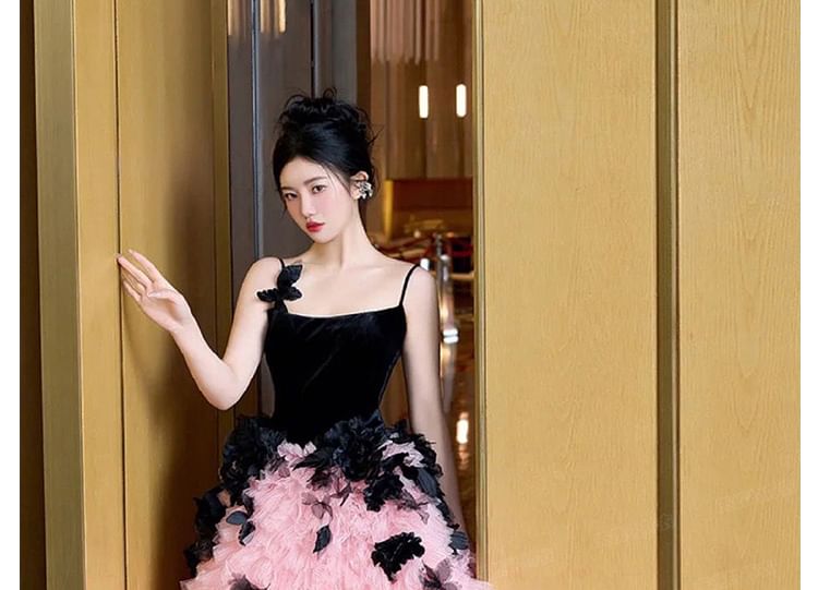 Panel Floral Strap Tone Mesh A-Line Two Gown Applique Spaghetti Evening Tiered