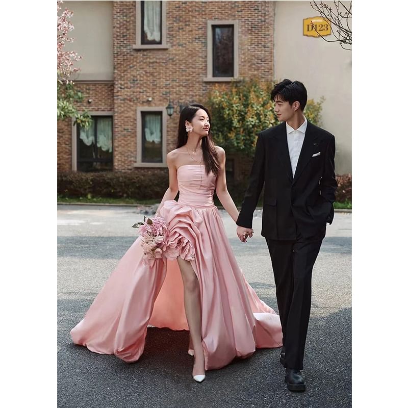 Ruched Flower A-Line Plain Tube Evening Gown Asymmetrical