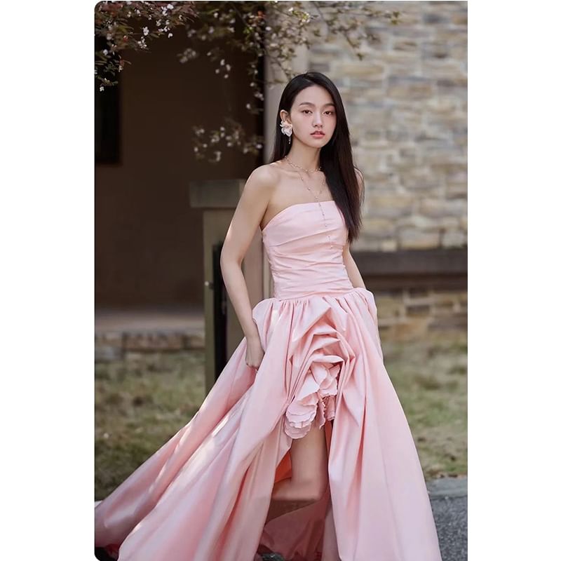 Ruched Flower A-Line Plain Tube Evening Gown Asymmetrical