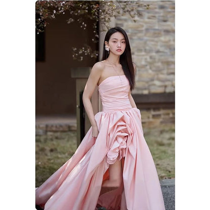Plain Flower Asymmetrical Ruched A-Line Tube Evening Gown