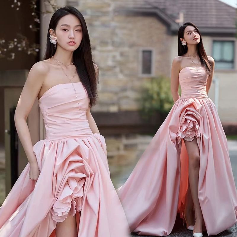 Ruched Flower A-Line Plain Tube Evening Gown Asymmetrical