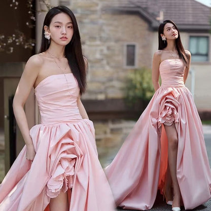 Ruched Flower A-Line Plain Tube Evening Gown Asymmetrical