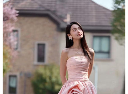 Plain Flower Asymmetrical Ruched A-Line Tube Evening Gown