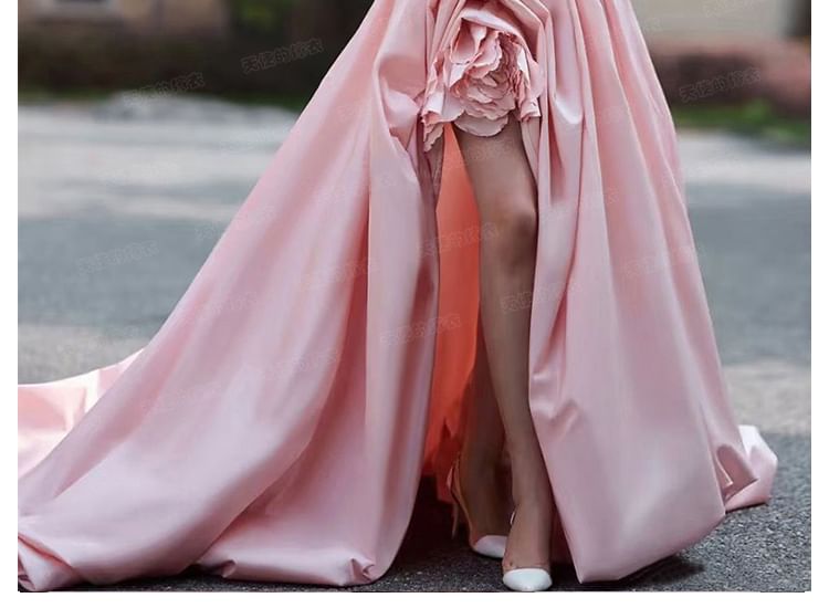 Ruched Flower A-Line Plain Tube Evening Gown Asymmetrical