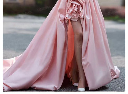 Plain Flower Asymmetrical Ruched A-Line Tube Evening Gown