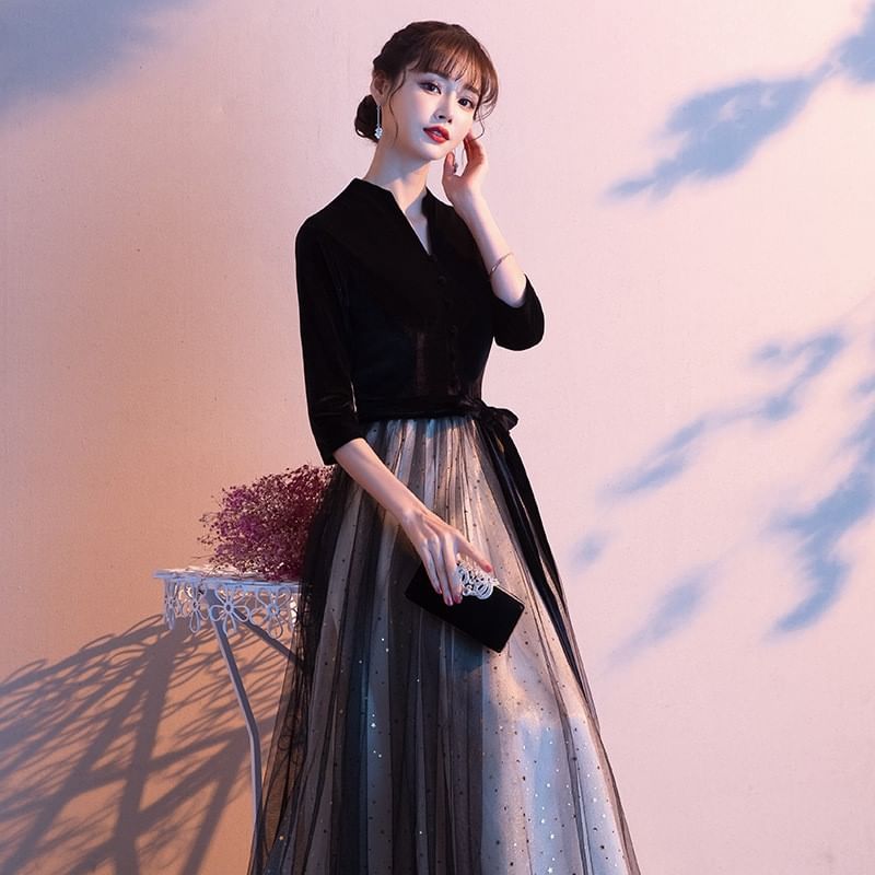 3/4-Sleeve V-Neck Plain Sheer Panel A-Line Evening Gown