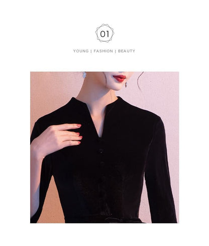 Gown Evening Panel Sheer A-Line Plain 3/4-Sleeve V-Neck