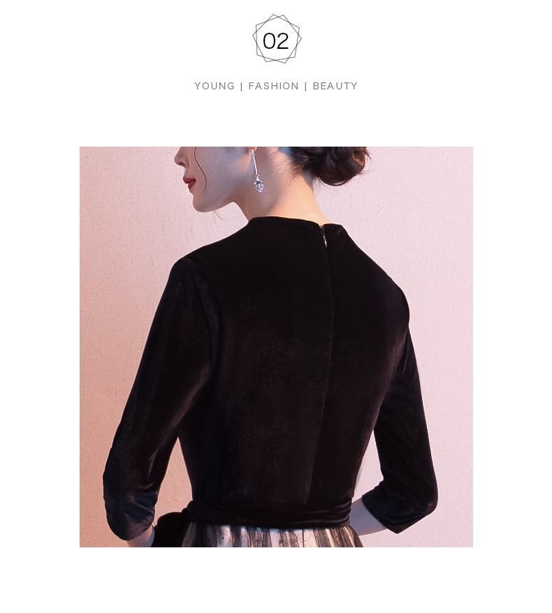 Gown Evening Panel Sheer A-Line Plain 3/4-Sleeve V-Neck