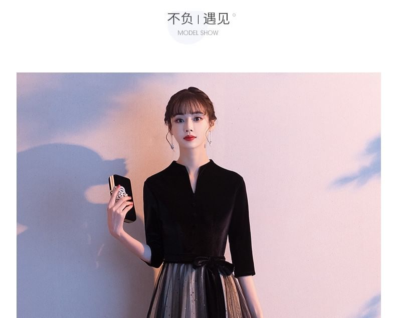 Gown Evening Panel Sheer A-Line Plain 3/4-Sleeve V-Neck