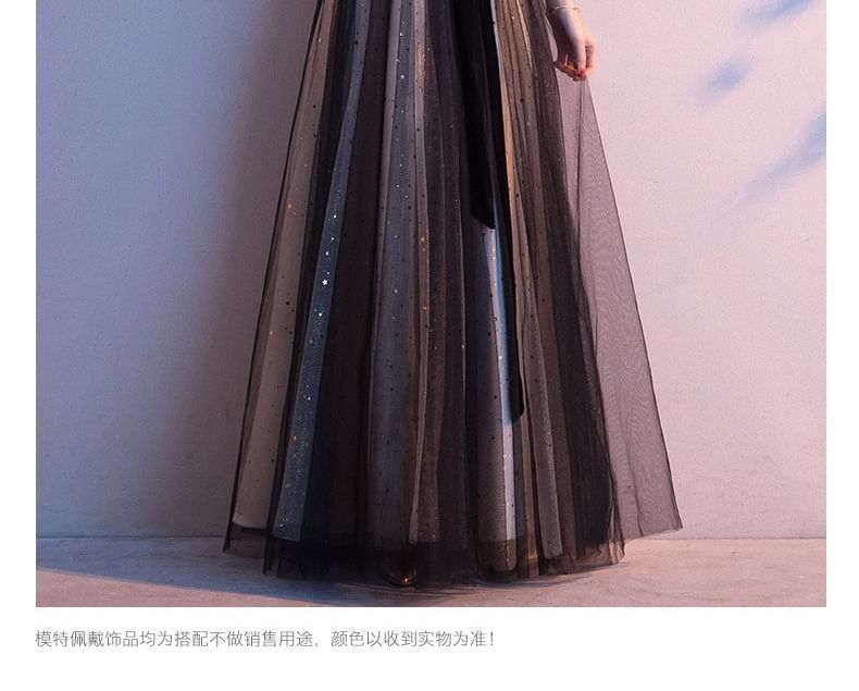 3/4-Sleeve V-Neck Plain Sheer Panel A-Line Evening Gown