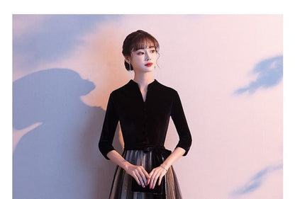 3/4-Sleeve V-Neck Plain Sheer Panel A-Line Evening Gown