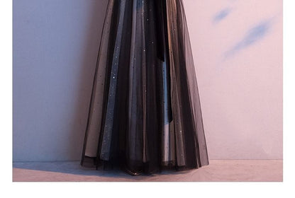 Gown Evening Panel Sheer A-Line Plain 3/4-Sleeve V-Neck